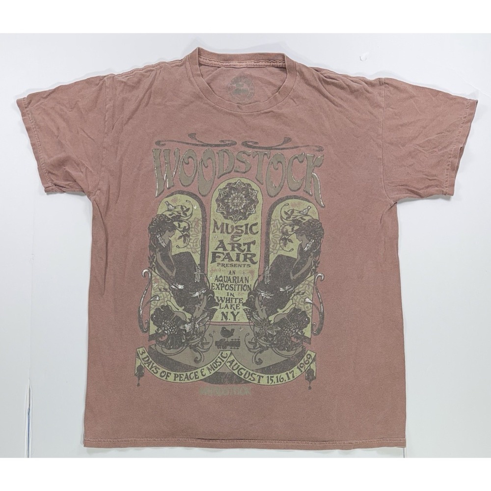 Woodstock Music Art Fair Graphic T Shirt Faded Brown Hippie Festival Mens L